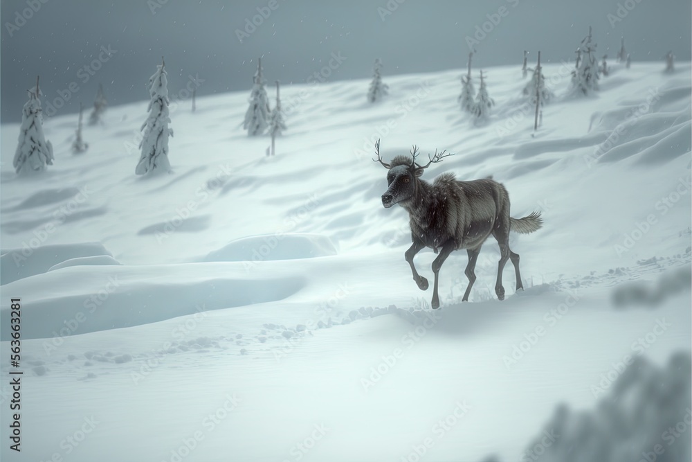 Poster a reindeer running through a snowy landscape with trees in the background and a foggy sky above it, 