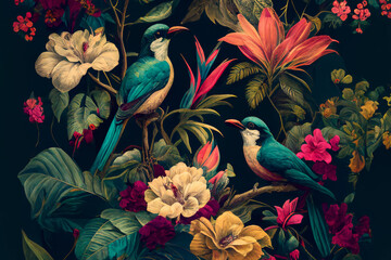Vintage style drawing flowers on black background, AI generated