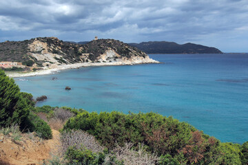 Fototapeta premium View of the sea and the coast. The sea has a turquoise color.