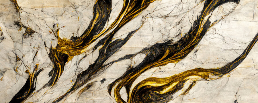 Marble with black and gold inserts background for design. Modern, wallpaper, web banner, generative ai © GHart