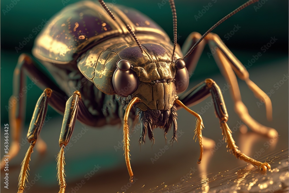 Poster a close up of a bug on a table top with water droplets on it's surface and a green background with a