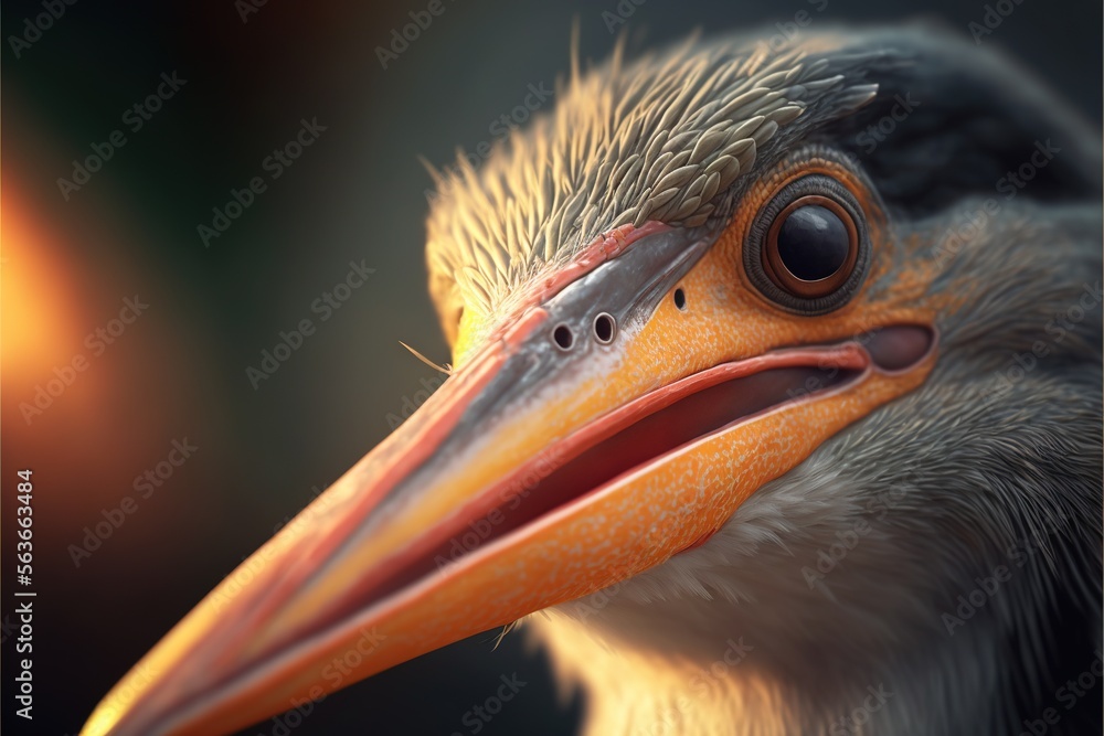 Poster a close up of a bird with a very large beak and a long bill with a red beak and a black background w
