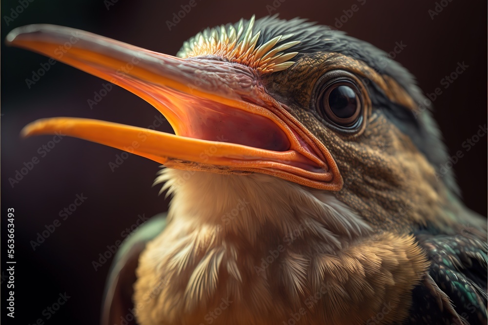 Poster a bird with a long beak and a long beak is shown with its mouth open and it's beak wide open and it'