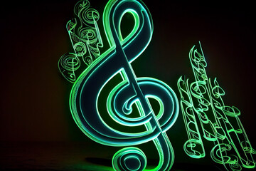 Neonfarbener Violinschlüssel als Musik Note auf schwarzen Hintergrund - Generative Ai