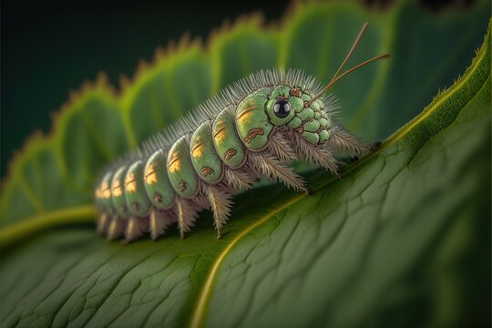  a caterpillar is sitting on a green leaf with a black background and a black background behind it is a green leaf with a black background and white line of the caterpillar. , AI Generative AI