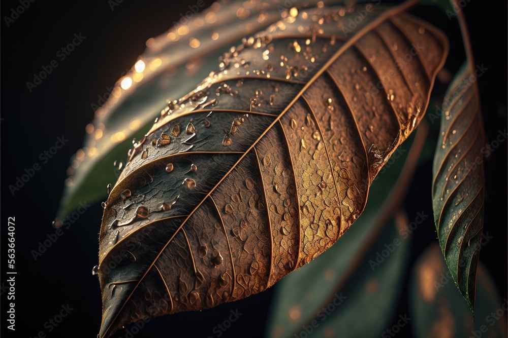 Poster a leaf with water droplets on it is shown in this image of a leaf with water droplets on it, and a d