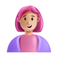 3D woman icon, vector lady character face, cartoon business person avatar, pink hair cheerful girl. Successful young female worker, smiling cute student, happy funny manager. Office woman head icon