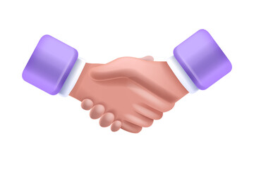3D hand shake icon, vector teamwork support clipart, business partner cooperation concept on white. Cartoon man deal illustration, diplomatic career agreement, union job. Hand shake firm relationship
