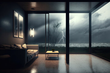 Storm-Proof Sanctuary: A Modern, Energy-Efficient Room with Large Windows for Natural Light and Storm Watchin. Generative AI