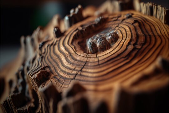  a close up of a wooden object with a tree trunk pattern on it's surface and a few small birds on the top of the wood, with a blurry background, blurry image. , AI Generative AI