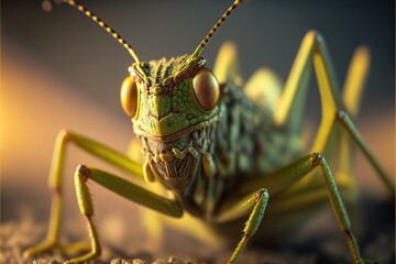  a close up of a grasshopper insect on a surface with other insects around it and a yellow light shining on the top of the head of the insect's head and neck,. , AI Generative AI