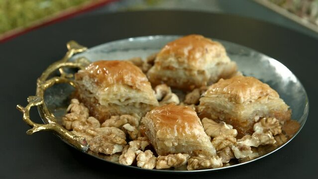 Traditional turkish baklava pistachio pastry. Dilberdudagi, ozel kesim baklava, cikolatali baklava, fistikli baklava, katmer, fistikli kadayif, kattafi, fistik sarma, soguk baklava, midye baklava, cev