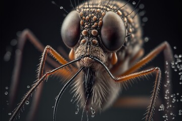  a close up of a mosquito with drops of water on its face and legs, with a black background and a black background with a white border around the imag Generative AI