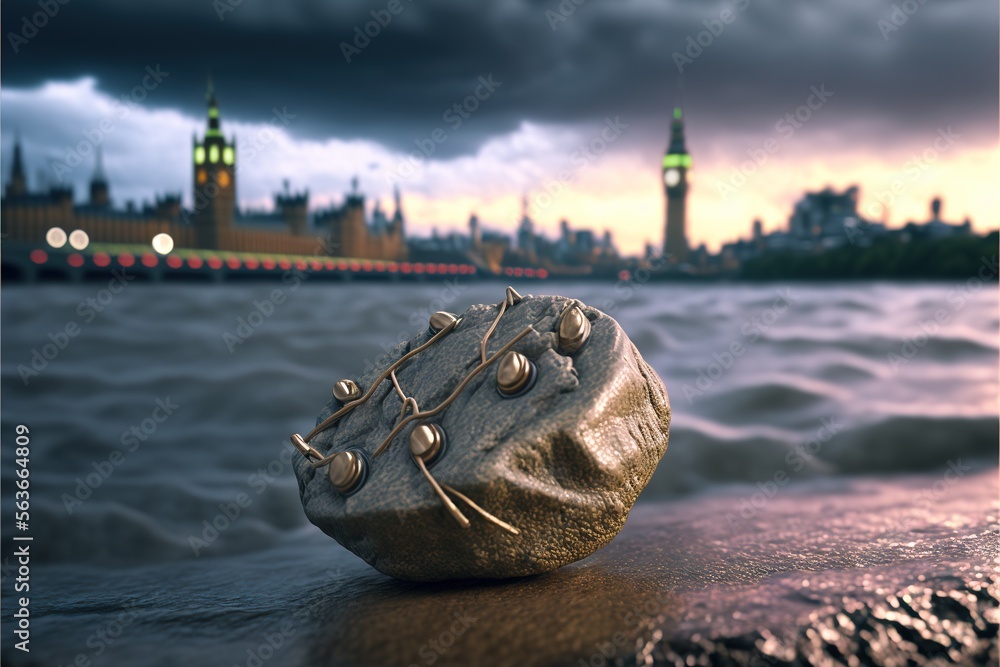Poster a rock sitting on top of a beach next to a body of water with a city in the background at night time