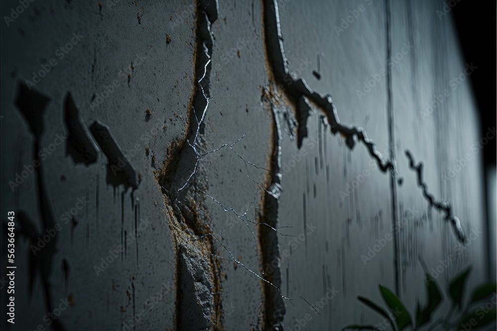 Poster a wall with a bunch of cracks in it and a plant growing out of it with a light on it and a black bac