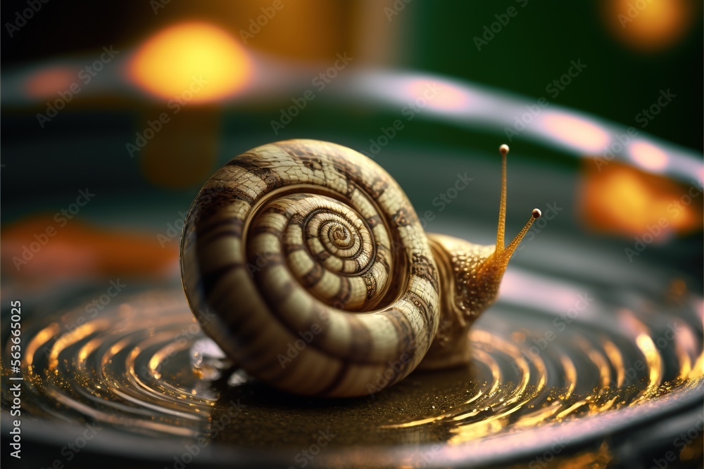 Poster a snail is sitting on a plate with water droplets on it's surface and a blurry background is visible