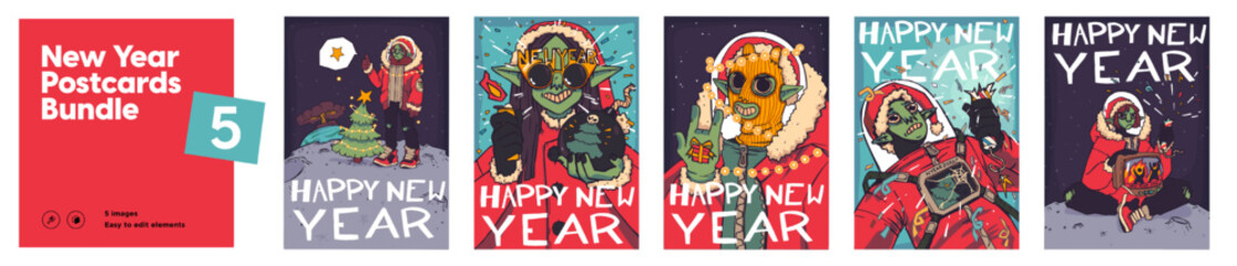 Set of Christmas cards with punk elf with Christmas attributes.