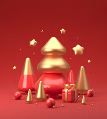 Merry Christmas and Happy New Year festive composition. Colorful Xmas background with realistic 3d trees and gift boxes. Vector illustration - obrazy, fototapety, plakaty