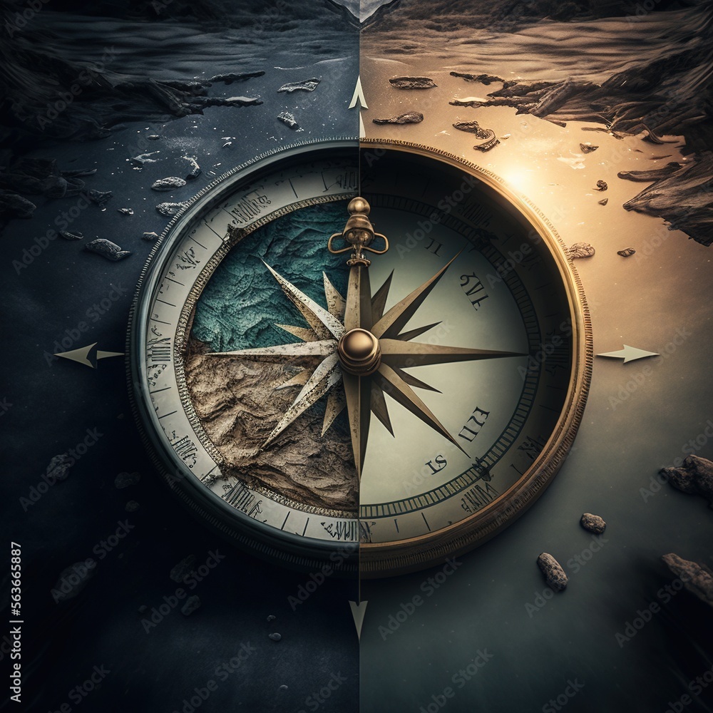 Poster a compass with a picture of a mountain in the middle of it and a picture of a river below it with ro