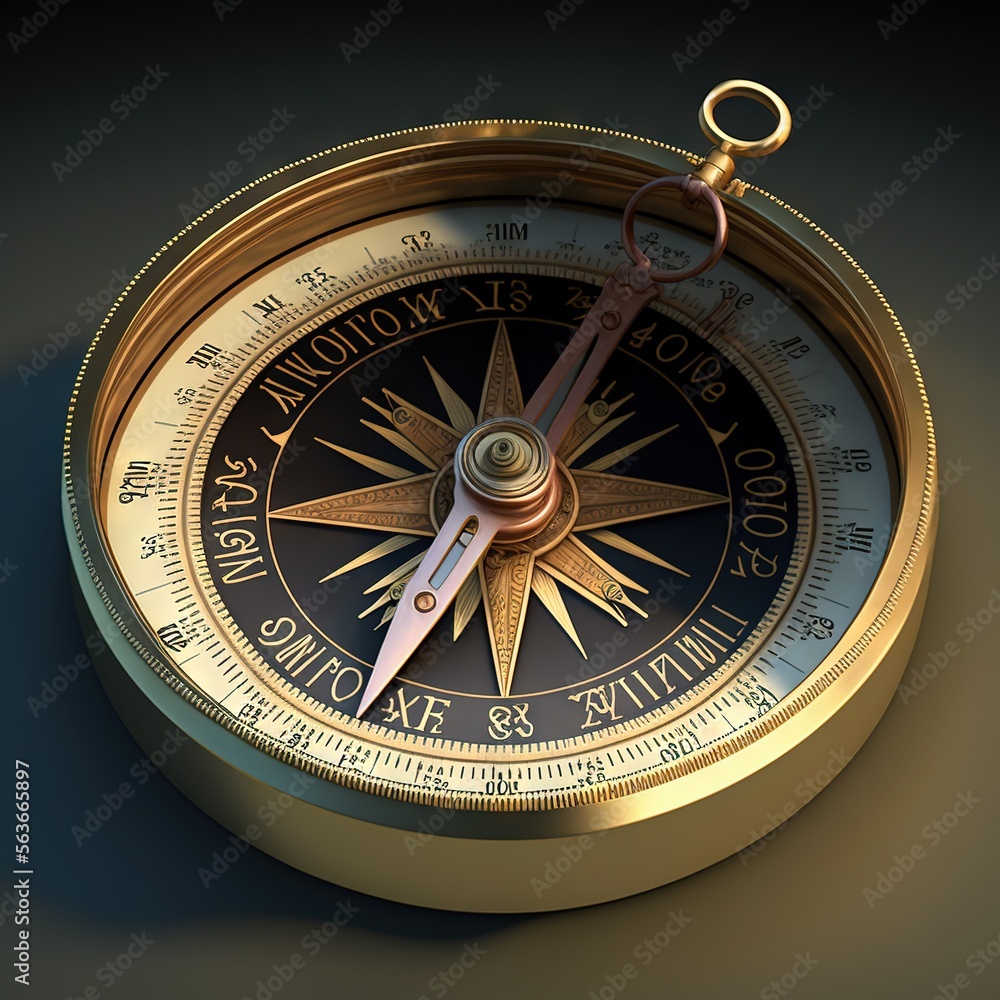 Poster a gold compass with a black background and a shadow on the ground with a gold handle and a black bac