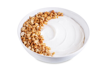 Greek yogurt nuts oatmeal granola in a white bowl on a white isolated background