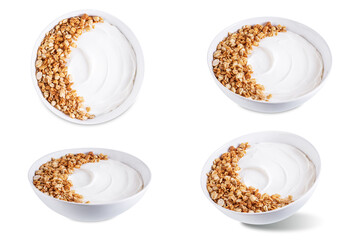 Greek yogurt nuts oatmeal granola in a white bowl on a white isolated background