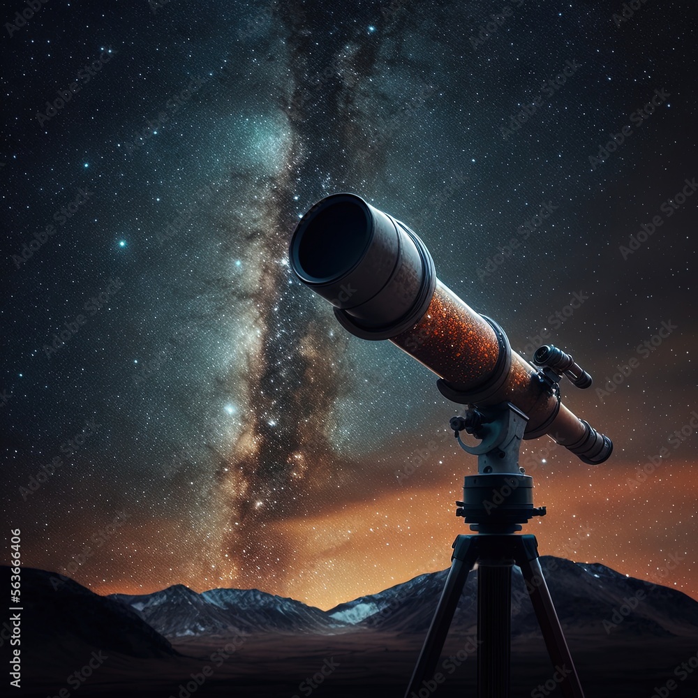 Poster a telescope on a tripod in front of a night sky with stars and a mountain range in the background wi