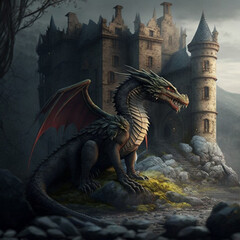 Dragon next to a castle. Generative AI.