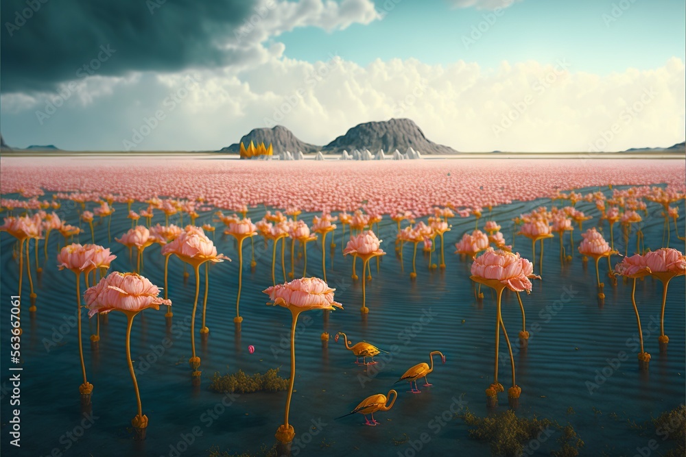 Poster a large field of pink flowers with a mountain in the background and a lake in the foreground with a 