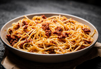 Ready made spaghetti bolognese on the table. 