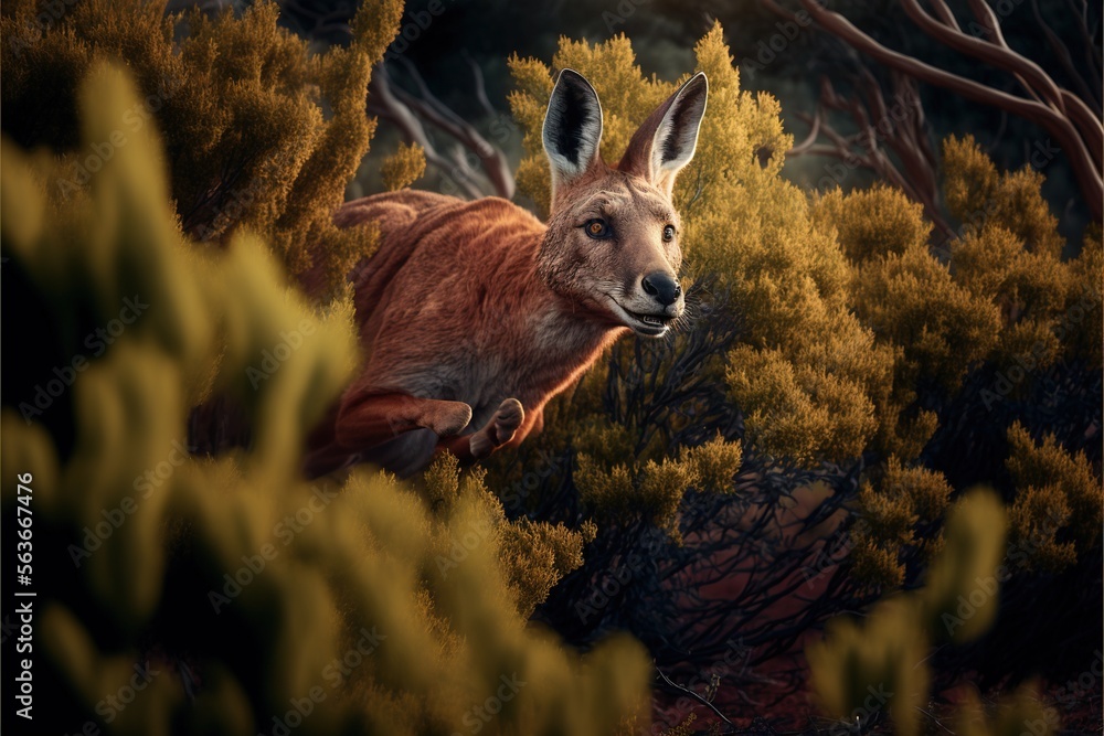 Poster a painting of a kangaroo in a bush with trees in the background and a bird in the foreground, with a
