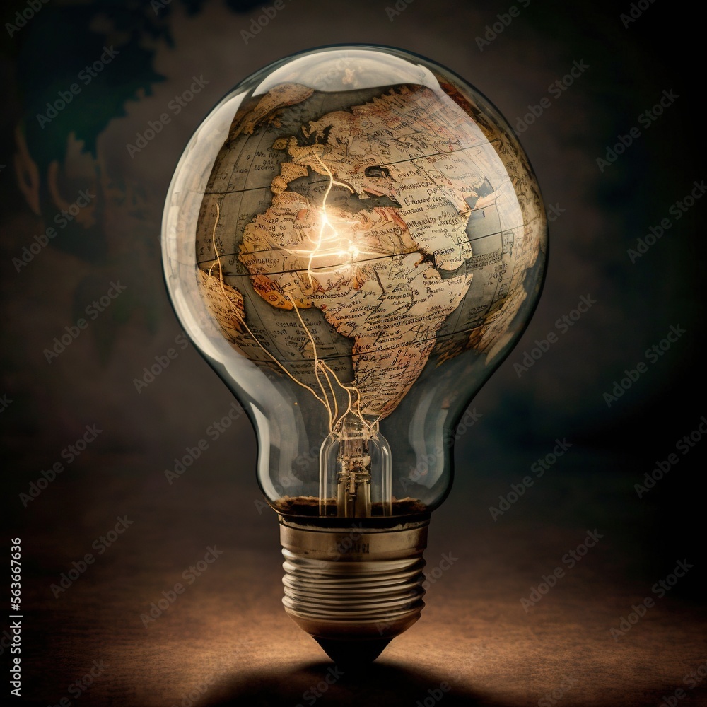 Poster a light bulb with a map inside of it on a table top with a dark background and a tree in the middle 