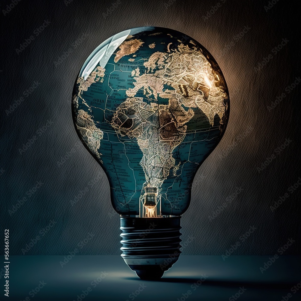 Poster  a light bulb with a map of the world inside it, on a dark background, with a black background and a light bulb with a light bulb turned on and a map of the. , AI Generative AI