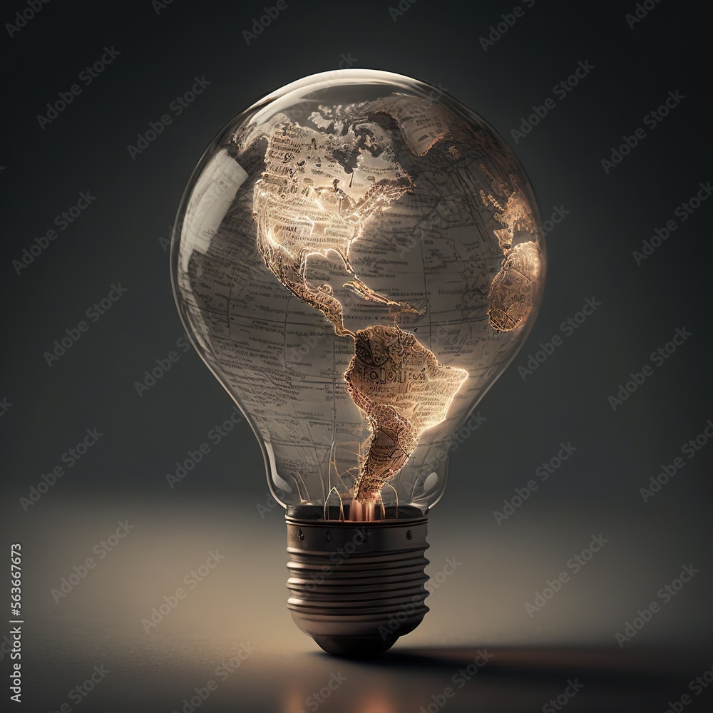 Poster a light bulb with a map inside of it on a table top with a dark background and a light bulb with a m
