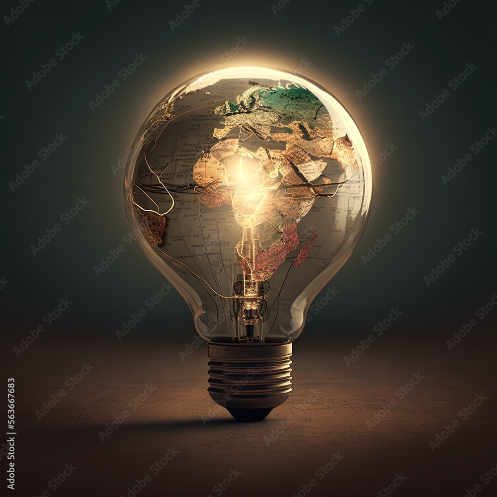 Poster a light bulb with a map inside of it on a table top with a dark background and a light bulb with a l