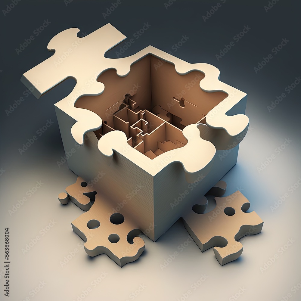 Aufkleber a puzzle box with a hole in it and pieces missing from it, on a gray background, with a shadow of th