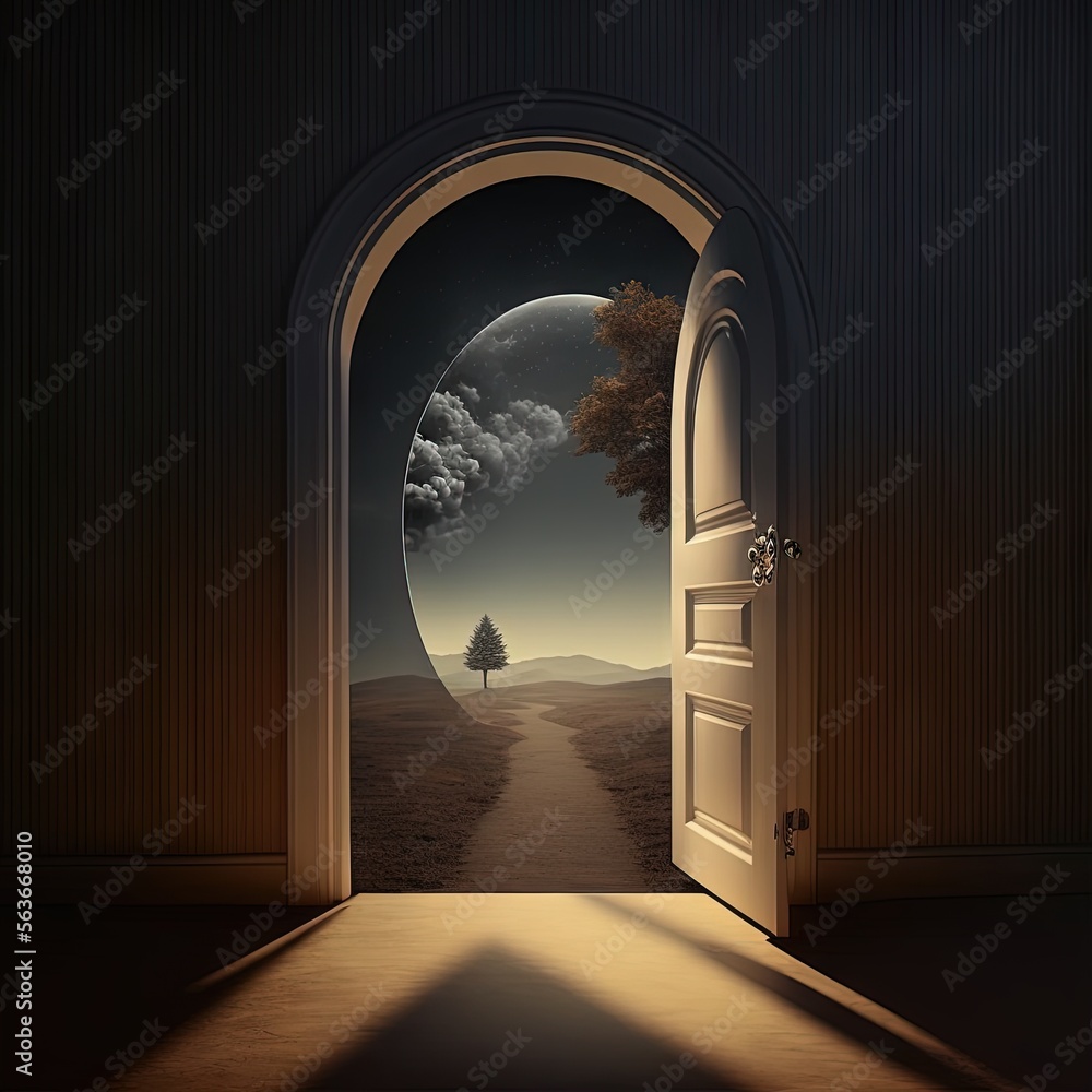Poster an open door leading to a dark landscape with a tree and a full moon in the distance with a tree in 