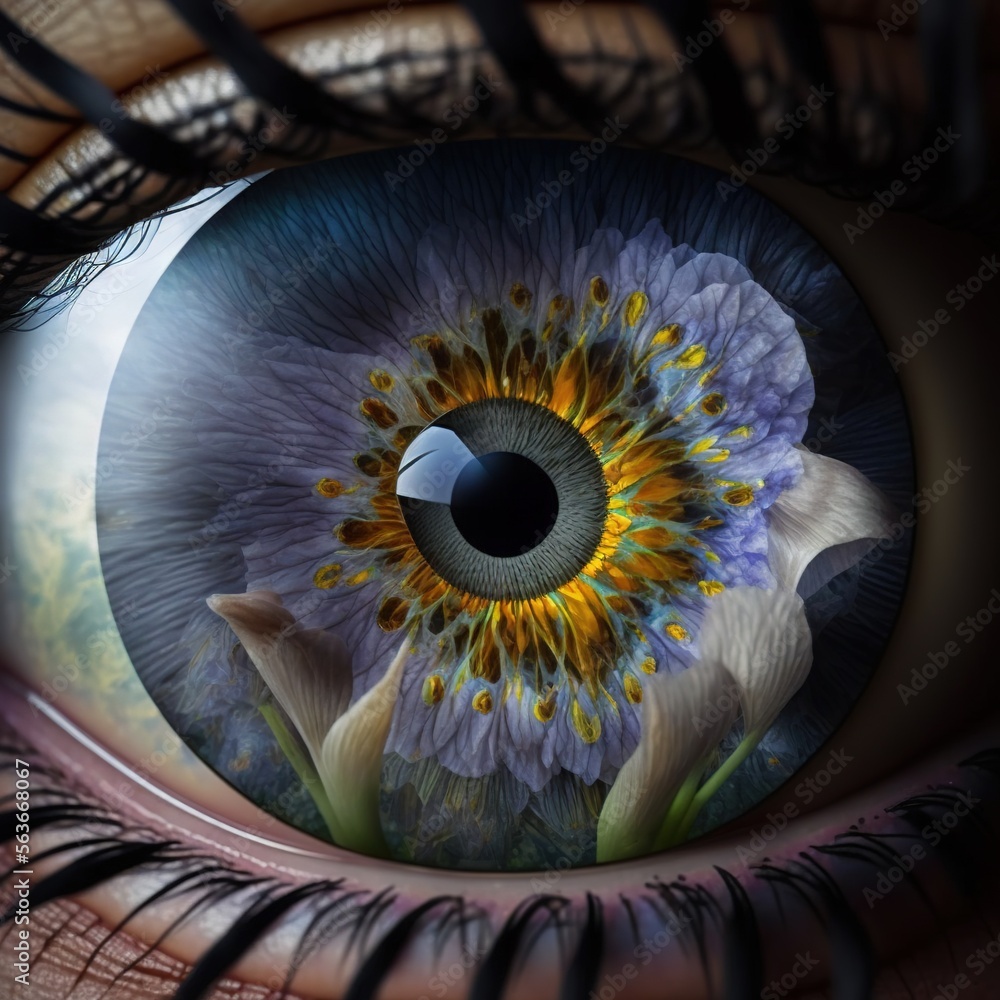 Poster a close up of a iris eye with a flower in the iris iris lens is a close up of a iris eye with a flow