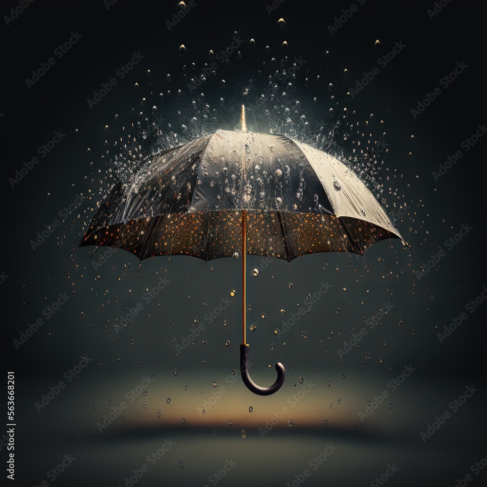 Poster a black and white umbrella with rain falling on it and a black background with stars and a light shi