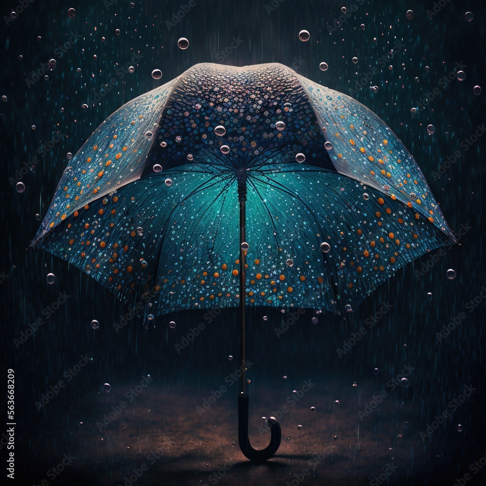 Poster a person holding an umbrella in the rain with drops of water on it and a dark background with a blue