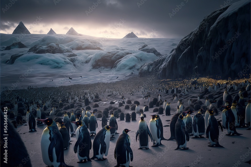 Poster a large group of penguins standing on a beach next to a mountain range with a group of penguins stan