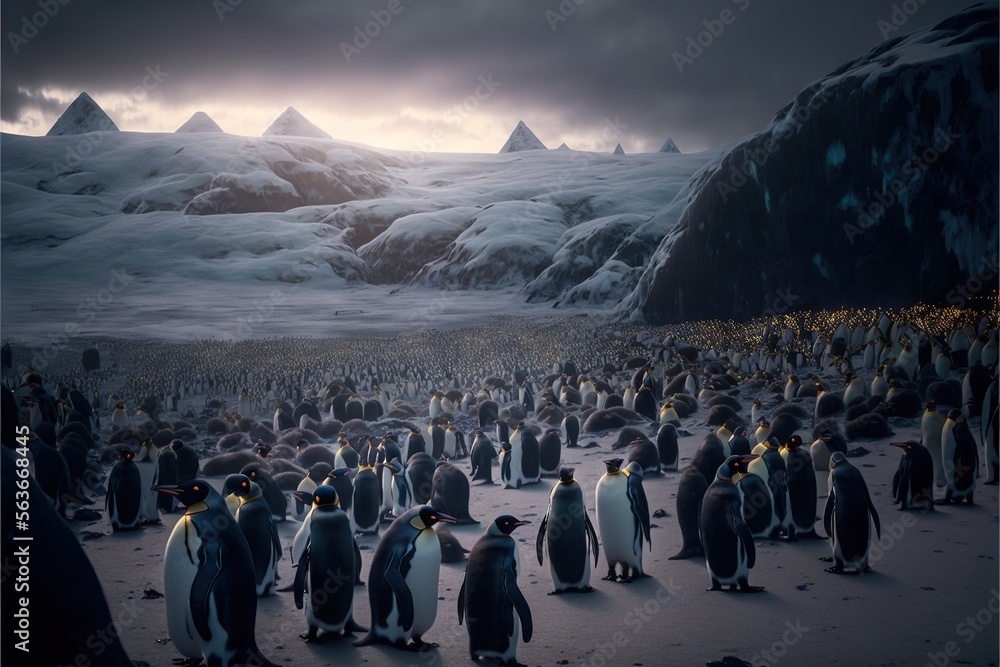 Poster a large group of penguins standing on a beach next to a mountain range at night time with a group of