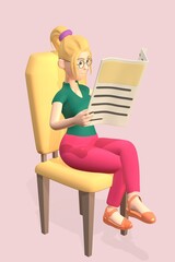 Girl in pink reading a newspaper sitting on a chair, isolated. Reading news 3d-rendering