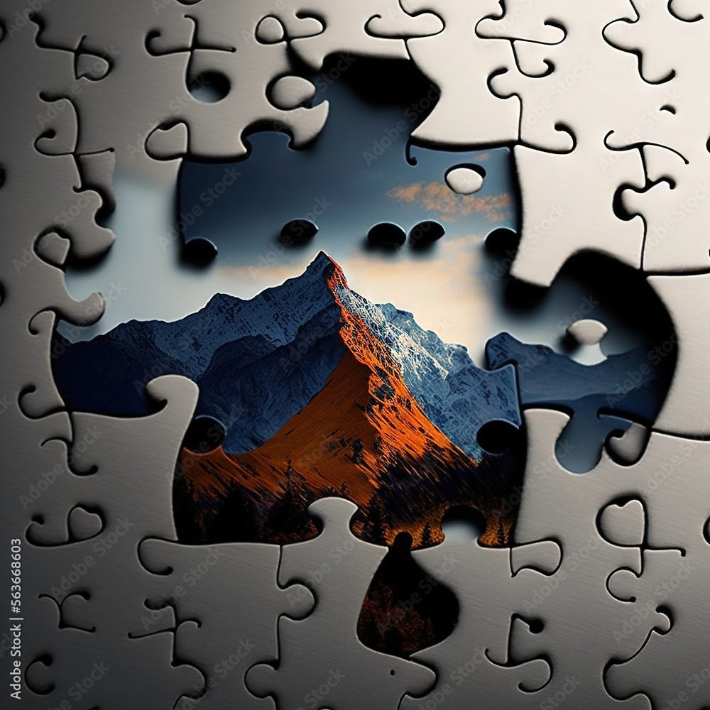 Poster a puzzle piece with a mountain in the middle of it and a sky background with clouds and a sun in the