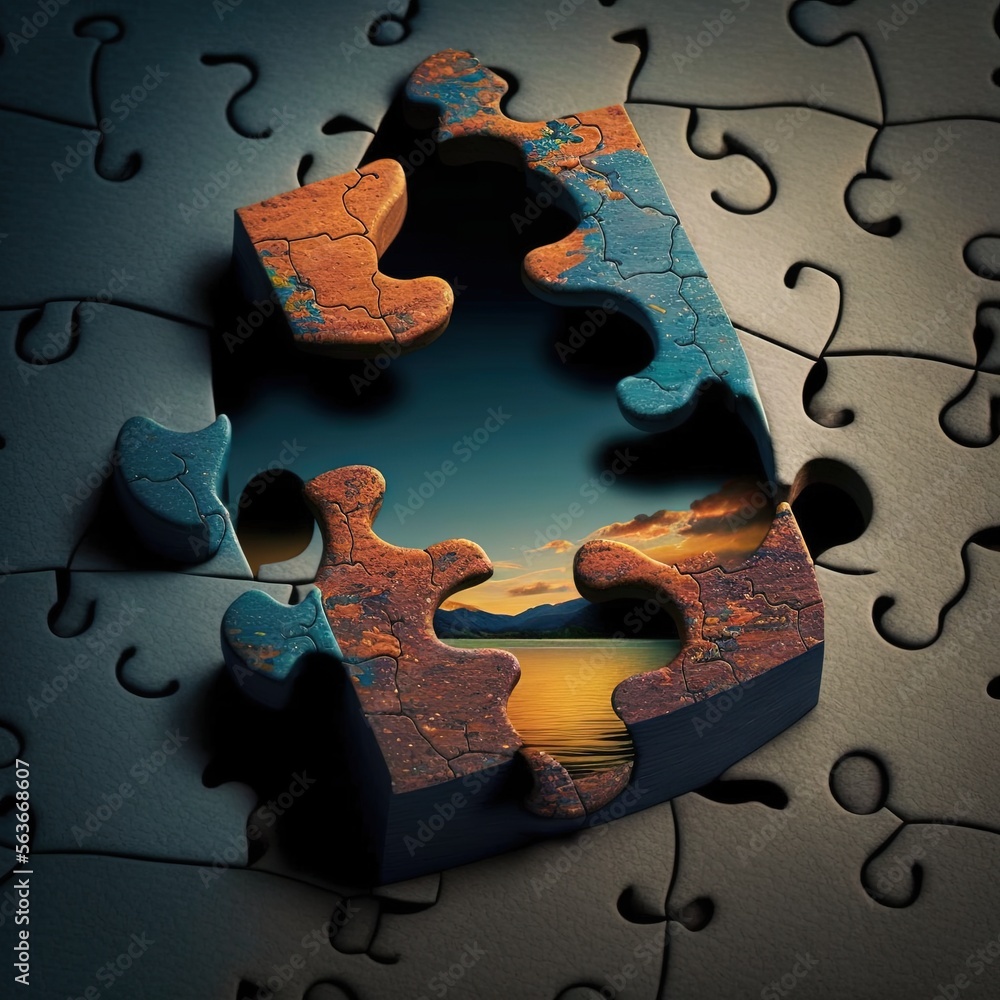 Aufkleber a puzzle piece with a sunset in the background and a lake in the middle of it, with a missing piece 