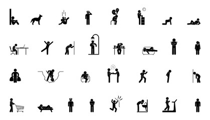 stick figure man icon, people stand, lie, sit and walk, set of isolated human silhouettes