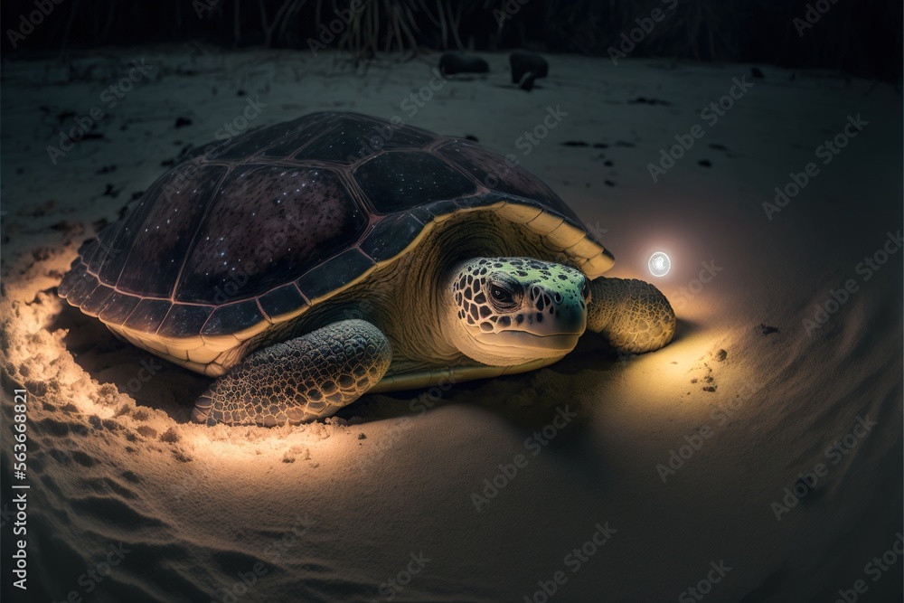 Aufkleber a turtle is laying on the sand with a light on its head and head glowing from its shell, with a smal