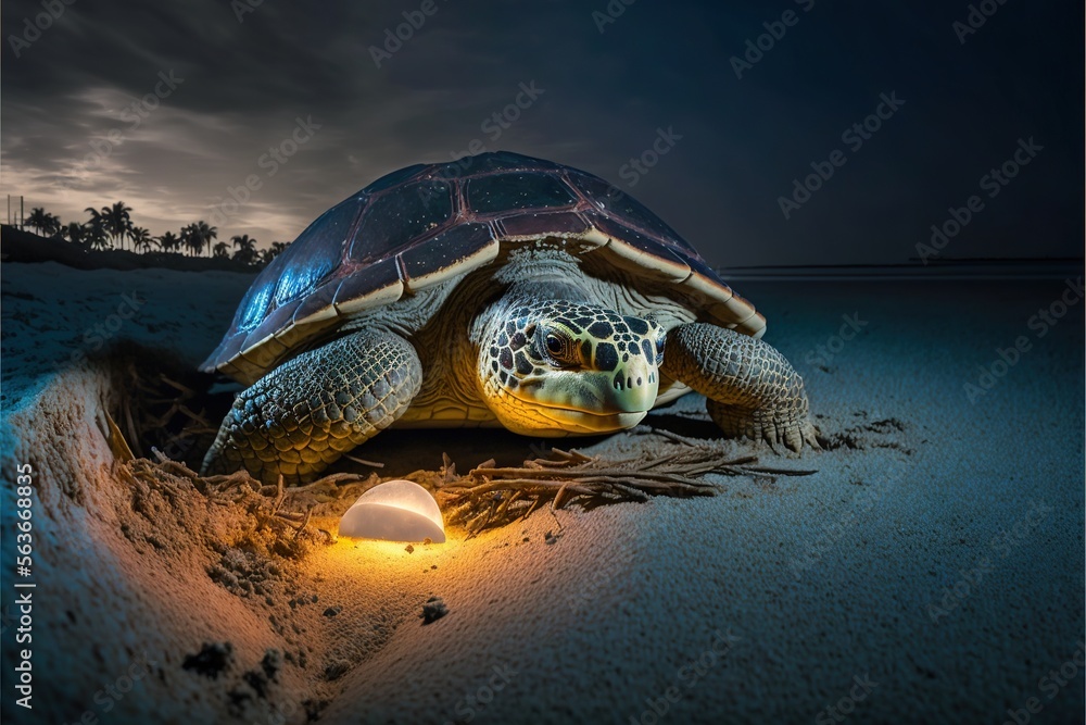 Poster a turtle is sitting on the sand with a light on it's head and head is glowing in the dark sky above 