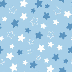 Fototapeta na wymiar Cute hand drawn blue and white flat and doodle stars seamless vector pattern. Kawaii cosmic background for kids room decor, nursery art, fabric, wallpaper, wrapping paper, apparel, textile, packaging.