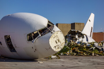 Former Japan airlines Boeing 767 being torn down at the end of its service life.  - obrazy, fototapety, plakaty